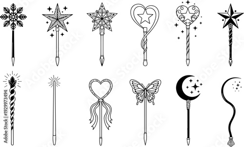 Magic wand silhouette vector illustration set, fairy tale star heart moon wand collection, fantasy enchantment symbols, whimsical decorative icons, 