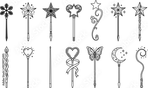 Magic wand vector illustration set, fantasy spell sticks collection, star heart moon designs, mystical fairy tale symbols, decorative line art