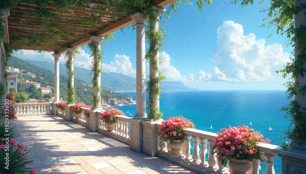 Fototapeta premium Terrace with flowers overlooks blue ocean with sailboats and green hillsides. White columns support wooden pergola roof. Sunny day brings bright light to scene.