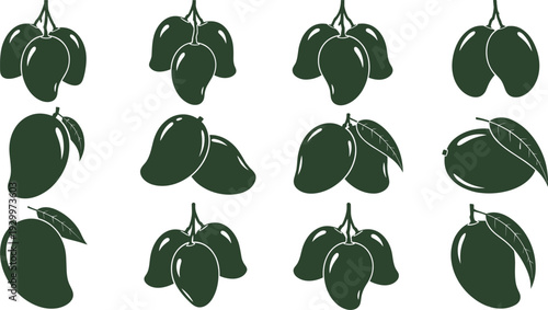 Mango fruit silhouettes vector illustration set, fresh tropical mangoes with leaves in different shapes, green minimalist food icons collection for packaging, branding, organic design