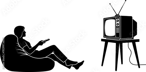 Man watching vintage television with remote control, black silhouette vector illustration of retro TV entertainment lifestyle, home leisure concept isolated on white background