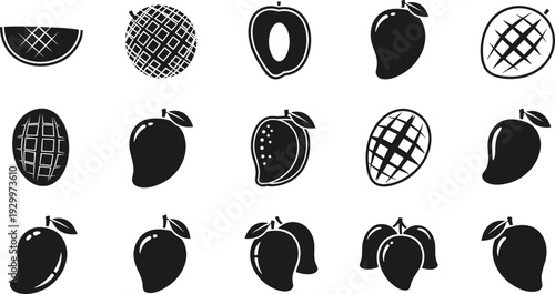 Mango fruit silhouettes vector set, whole sliced mango icons with cross section patterns, tropical food illustration collection, isolated black shapes for branding design