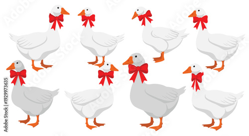 Eight white geese wearing large red decorative bows around their necks are standing in various positions across a plain white background.