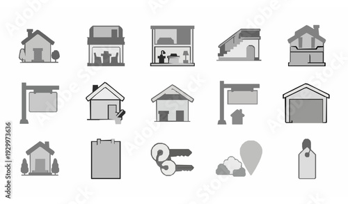 Filled property and real estate icons set with rooms and home sale symbols vector