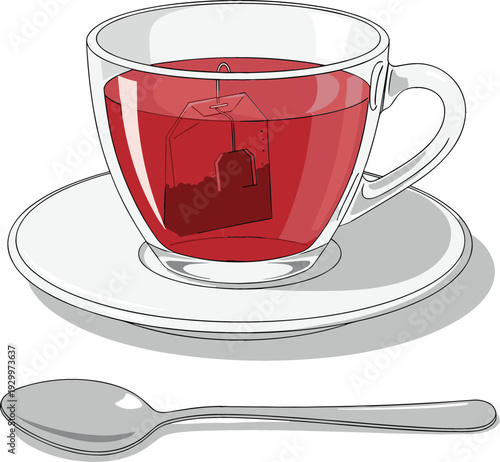 Clear glass tea cup and saucer with red herbal tea and tea bag including spoon in flat vector illustration