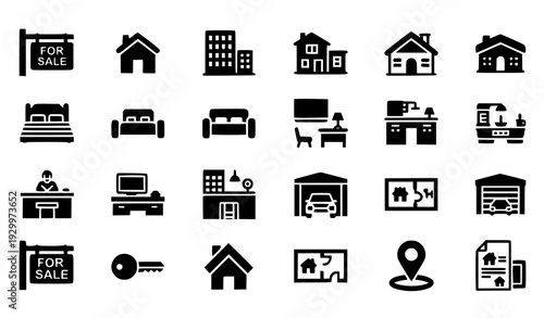 Real estate filled icons set with property rooms and house for sale vector illustration