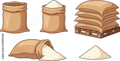 Vector set of burlap sacks filled with grain or flour on wooden pallet for agriculture and food logistics concept