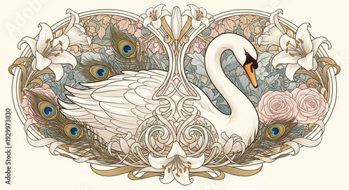 Majestic white swan surrounded by peacock feathers roses and lilies in ornate floral design