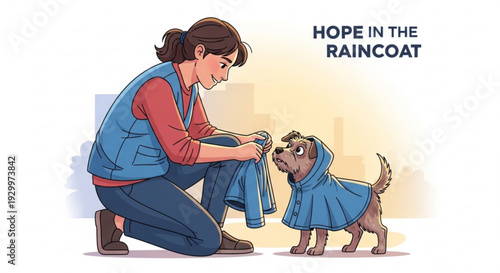Woman helps brown dog into blue raincoat on rainy day with city background