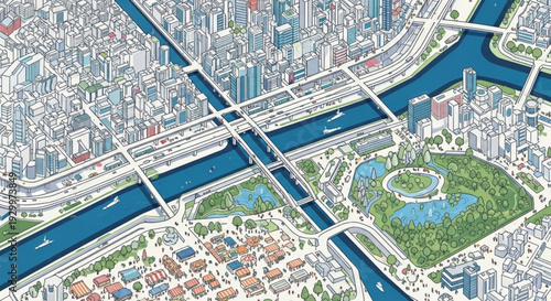 Cityscape aerial view with river and bridges in urban landscape