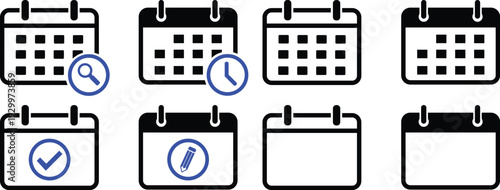 Set of eight black minimalist calendar icons featuring blue accents for event searching, time management, verification, and editing.