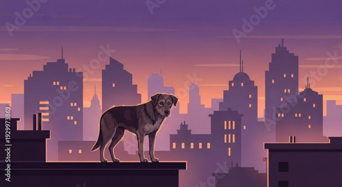 A dog stands on a rooftop overlooking a cityscape during a serene purple and orange sunset with skyscrapers in the background