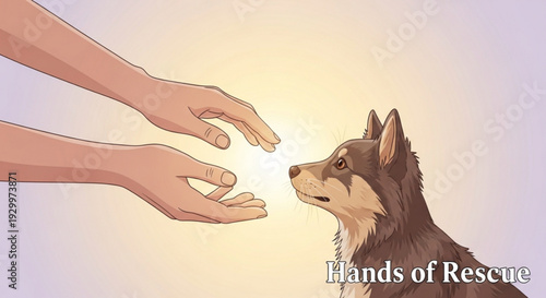 Hands reaching out to rescue a brown and white husky dog with a warm glow
