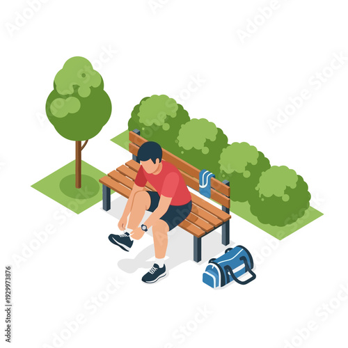 Man resting on a park bench after a workout.