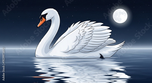 Serene white swan glides across calm water under moonlight at night with reflection