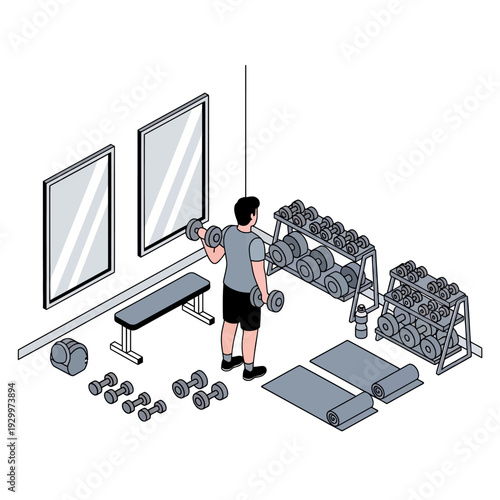 Man exercising with dumbbells in a modern gym with equipment.