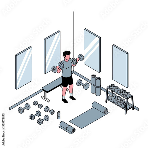 Man exercising with dumbbells in a modern fitness gym.