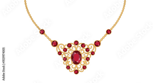 An ornate gold necklace with a central oval ruby and numerous smaller round red gemstones is displayed against a plain white background.