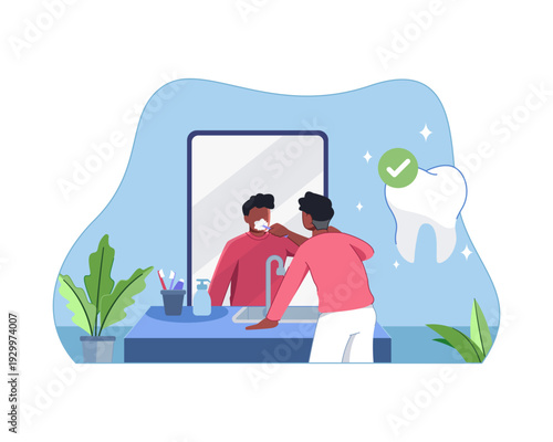 Man Brushing Teeth at Bathroom Sink