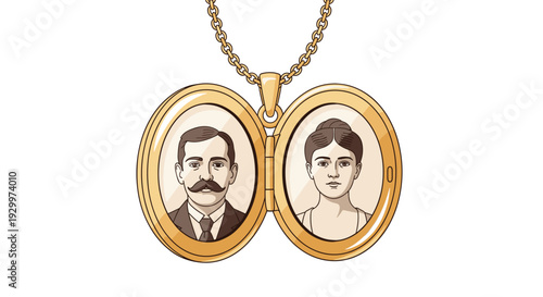 An open gold oval locket hanging from a chain reveals two sepia toned portraits of a man with a mustache and a woman.