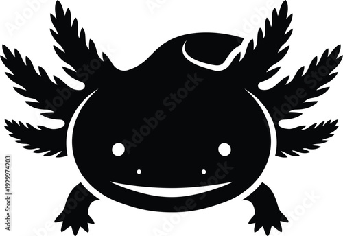 Minimalist black axolotl silhouette with a smiling face and detailed external gills, cute mexican walking fish vector icon for exotic pet branding.