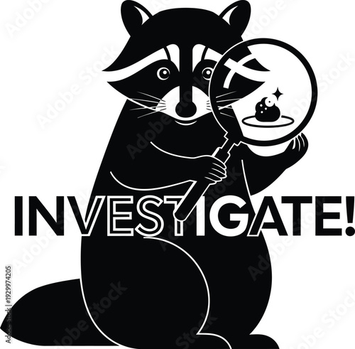Funny black raccoon silhouette holding a magnifying glass with the word investigate, clever detective animal vector illustration for mystery design.