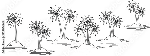 Minimalist black and white line art vector set of tropical palm trees on small islands for summer travel concept