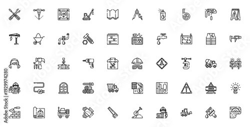 Construction icon set. Vector tools and equipment collection. Includes symbols for screwdriver, jackhammer, crane, helmet, blueprint, tools, safety and more. Editable stroke.