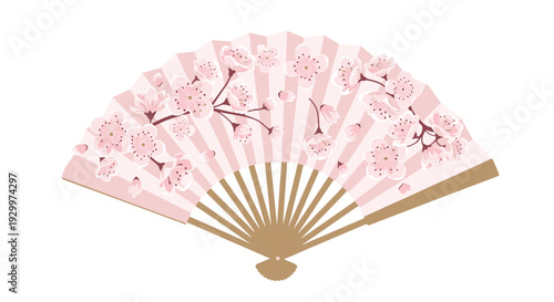 A light pink folding hand fan decorated with cherry blossom branches and flowers is displayed against a solid pale pinkish background.