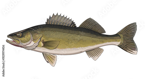 A realistic olive and gold walleye fish with detailed scales and fins is shown in profile against a plain white background.