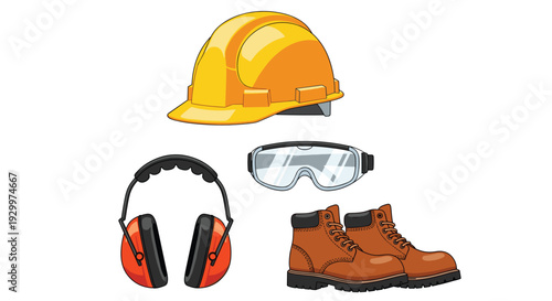 A yellow hard hat is positioned above clear safety goggles and orange hearing protectors next to a pair of brown leather work boots.