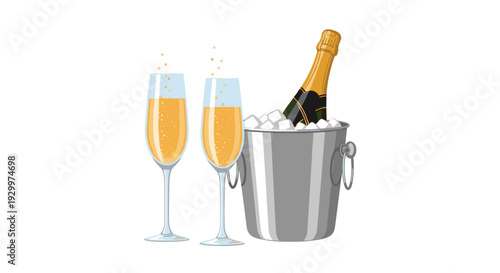 Two filled champagne flutes stand beside a silver ice bucket holding a chilled bottle with gold foil on a clean white background.