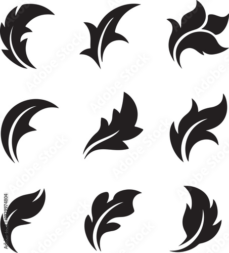 Nine black abstract leaf-like shapes with white accents on white background