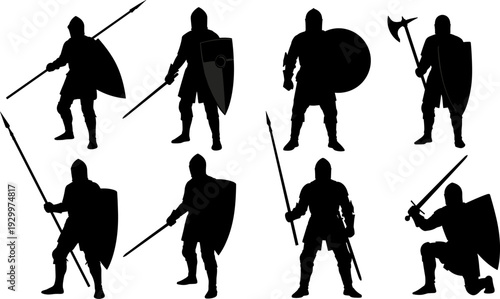 Medieval warrior silhouettes set vector illustration, knights with swords shields and spears, historical battle characters, fantasy combat poses, black figures isolated on white background