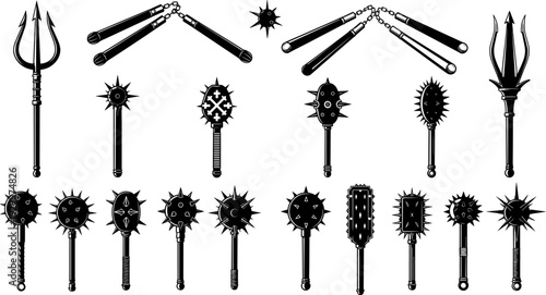 Medieval weapons icon set, flail mace trident nunchaku silhouettes, ancient combat arms collection, black vector illustration isolated on white background