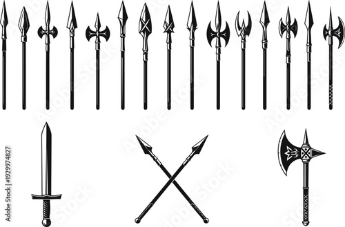 Medieval weapon silhouette collection, spears swords halberds and axes in fantasy warrior styles, black vector illustration set isolated on white background