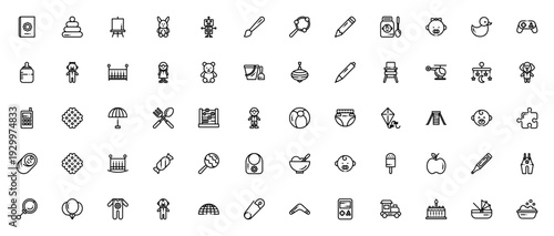 Baby icon set. Vector illustration pack. Includes symbols for book, toy, bunny, robot, rattle, crib, diaper, pacifier, feeding, and more. Editable stroke.