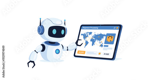 A white humanoid robot with blue glowing eyes points at a digital tablet displaying a global shipment tracking map on a white background.