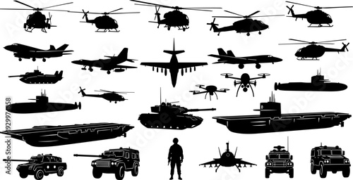 Mega vector set of black military silhouettes featuring helicopters, jet aircraft, tanks, warships, submarines, armored vehicles, a drone, and a lone soldier, comprehensive collection.