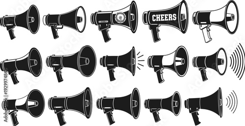 Megaphone and Bullhorn Vector Set, Professional Speaker Icons for Communication, Marketing Announcements, Protest Gear, Public Speaking Tools, Sound Waves Graphics, Isolated Illustration Collection.