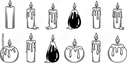 Melting candle silhouettes vector illustration set, dripping wax candles with flames, black hand drawn decorative icons collection for Halloween, ritual, gothic, spiritual design