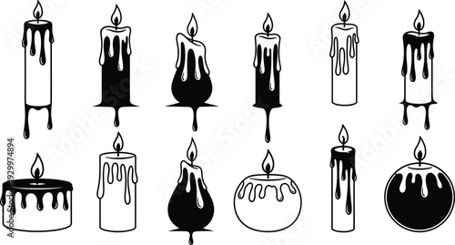 Melting candle silhouettes collection, dripping wax candles in different shapes and styles, black vector illustration set for decoration, ritual, spa, halloween, romantic design