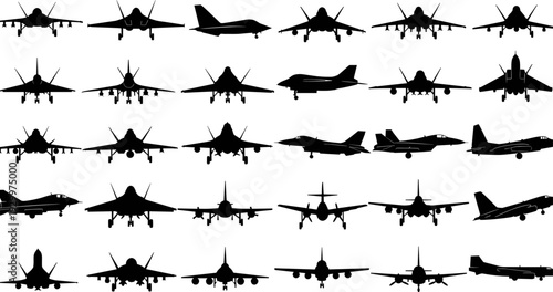 Military aircraft silhouettes collection, fighter jets and combat airplanes in front, side and landing views, aviation defense vector illustration isolated on white background