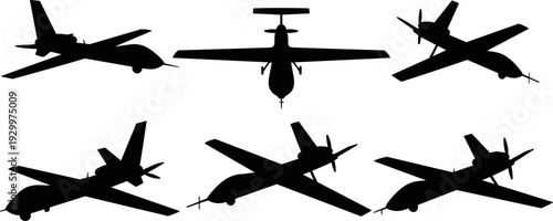 Military drone aircraft silhouettes set, unmanned aerial vehicle flying angles, black vector illustration for defense, surveillance, aviation, security, modern warfare concepts