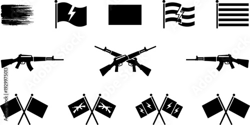 Military and rebel insurgent vector icon set featuring assault rifles, crossed flags, lightning bolt symbols, tactical gear silhouettes, and revolution war graphics,