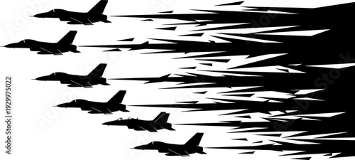 Military fighter jet silhouettes flying in formation with speed motion effect, modern air force concept, black isolated vector illustration for defense and aviation designs
