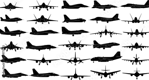 Military fighter aircraft silhouettes set, modern combat jet collection in multiple views, black vector illustration for aviation, defense, air force concepts