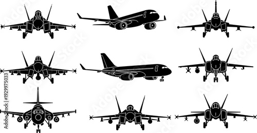 Military fighter jets and commercial airplane silhouette set vector illustration showing aircraft front and side views, aviation technology, air force power 