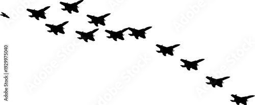 Military fighter jets silhouette vector illustration, squadron aircraft flying in formation, air force warplanes, black aviation design isolated on white background