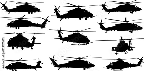 Military helicopter silhouette vector icons set, aviation illustration for defense, aircraft design, war equipment, tactical transport, and combat use